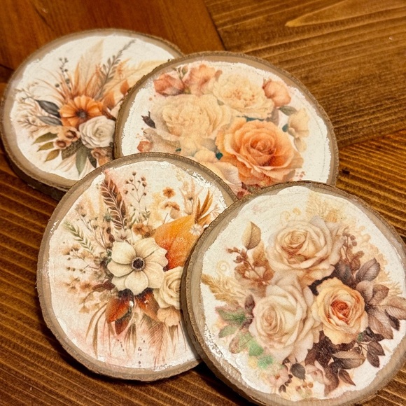 Handmade Floral Wood Coasters | Vintage Boho Cottagecore Aesthetic | Set of 4 - Picture 8 of 8